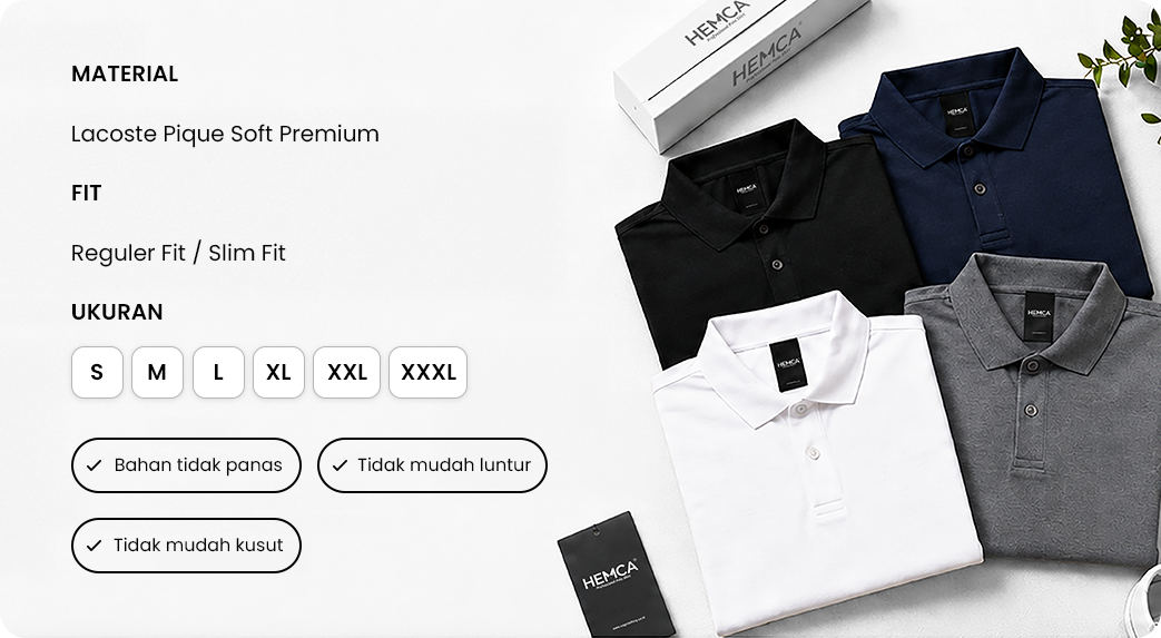 Material Lacoste Pique Soft Premium, Reguler Fit / Slim Fit, ukuran S - XXXL, 27 pilihan warna